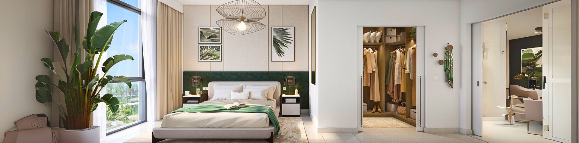 Modern furnished bedroom with large windows and walk-in closet in a 2 BHK apartment in Dubai